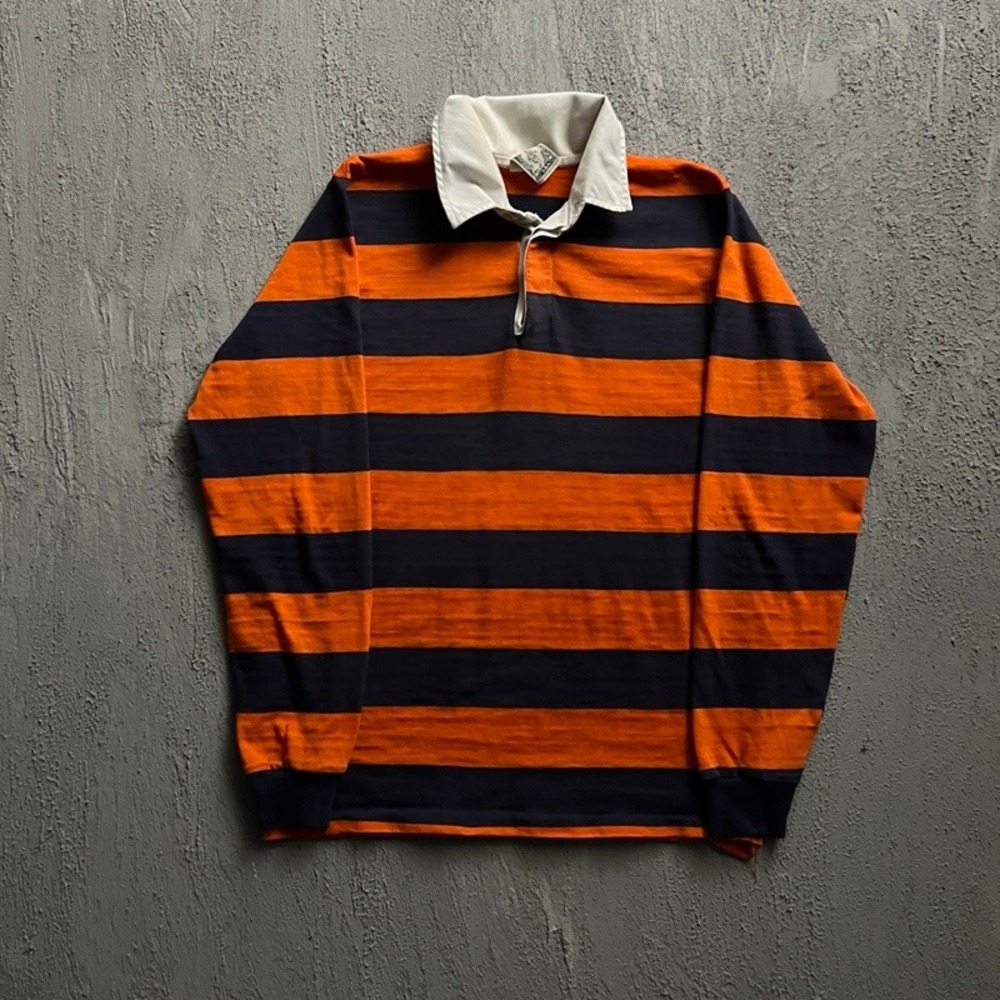 Vintage Campus Rugby Shirt Medium Orange 1970s Striped Long Sleeve USA